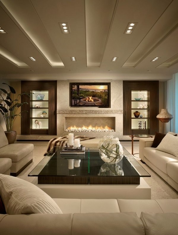 modern interior design tv mounted over gas fireplace open flame