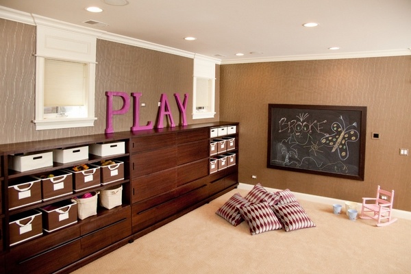 cute playroom design floor cushions chalkboard shelves storage baskets