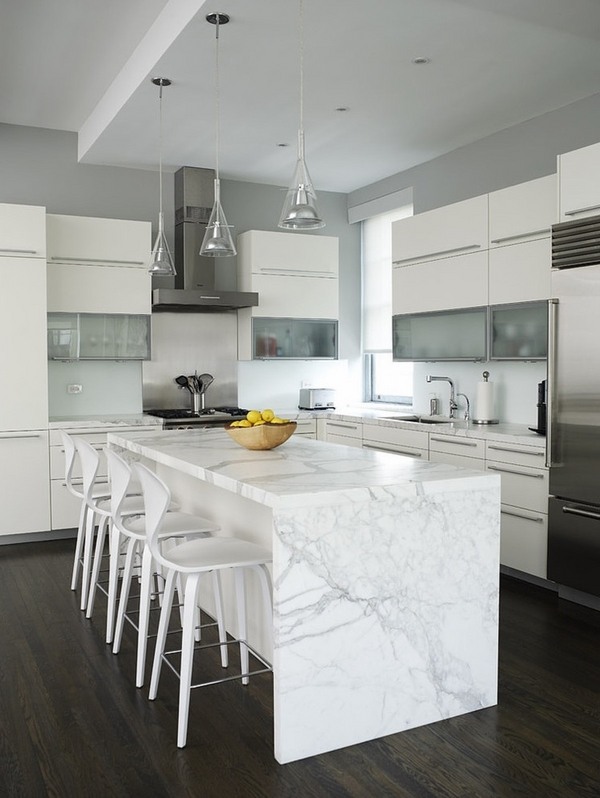 modern white marble kitchen countertop bar stools pendant lamps 