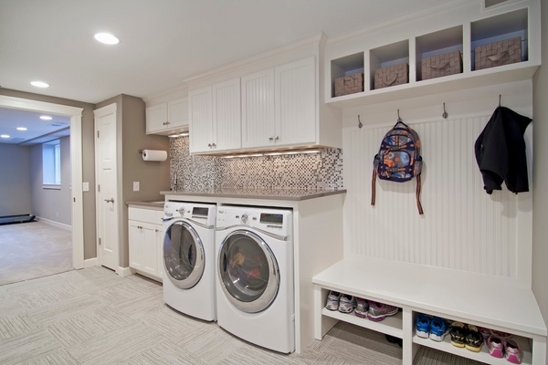 mudroom ideas white cabinets tile backsplash