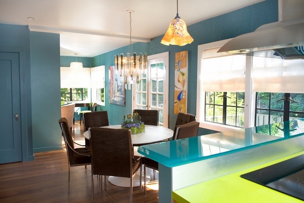 open plan kitchen dining room colored glass kitchen countertop