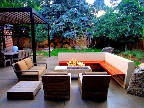 patio design ideas wooden bench lounge furniture firepit