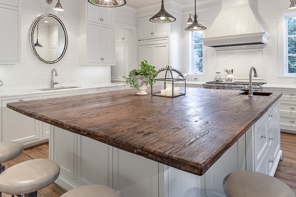 reclaimed wood countertop eco friendly white kitchen design