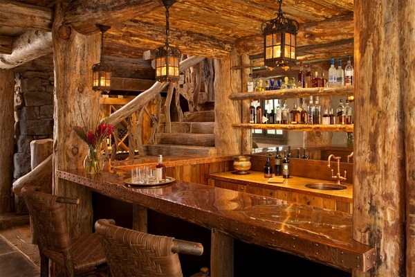 rustic home bar deasign copper countertop open shelves wooden beams