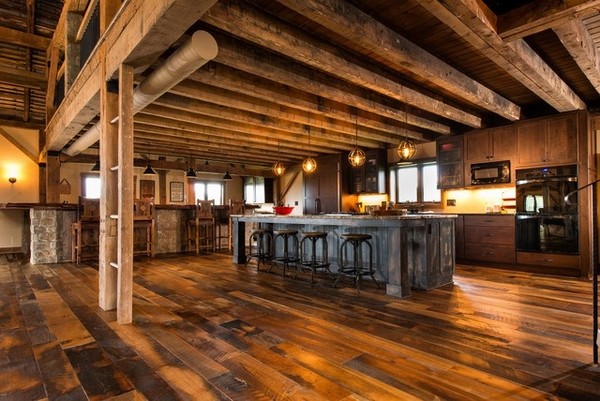 rustic kitchen design unfinished hardwood flooring ceiling beams
