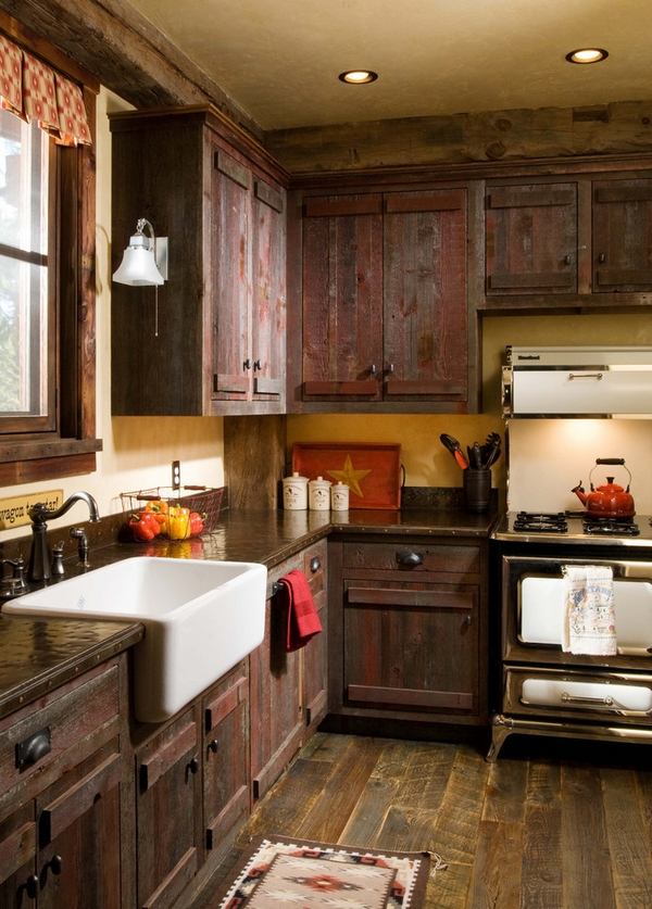 rustic kitchen interior apron sink copper countertop hardwood flooring