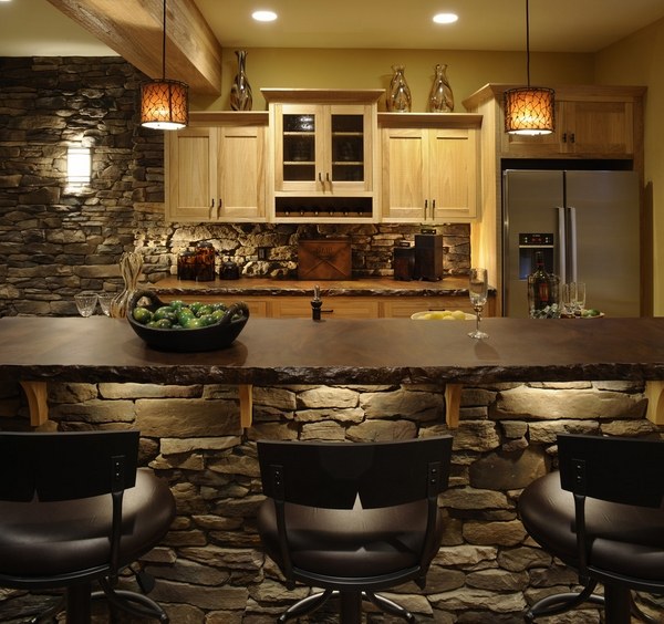 rustic kitchen iterior stained concrete countertop decorative stone wall