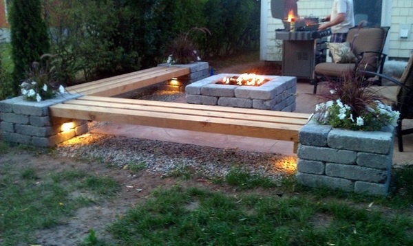 small patio ideas DIY propane fire pit wood benches outdoor furniture