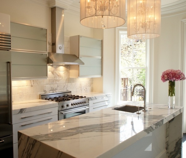 stylish white marble countertops and backsplash fabulous kitchen chandeliers