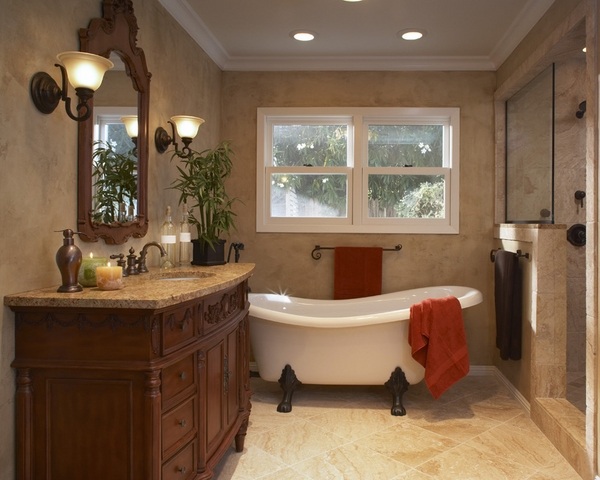 bathroom design freestanding tub walk in shower wood vanity Namibian gold granite countertop