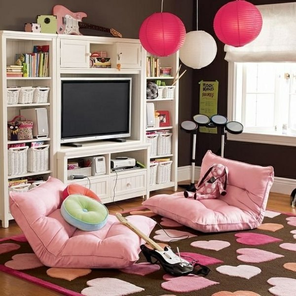 design ideas pink floor cushions pendant lights white cabinet books tv