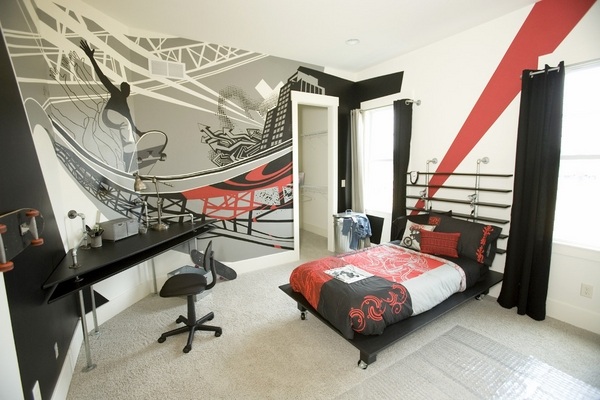 teenage bedroom ideas for boys sports theme black white red colors