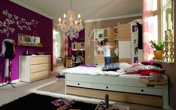 girls bedroom decoration purple wall crystal chandelier