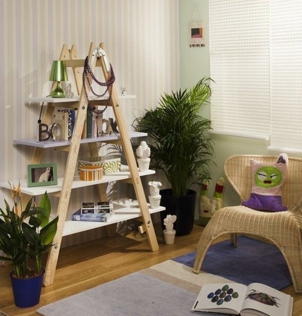 upcycling ideas DIY ladder shelves living room decorating ideas