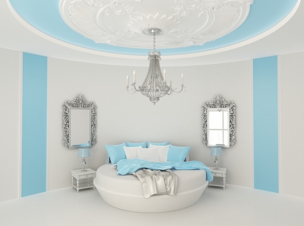 white blue bedroom design white bed crystal chandelier