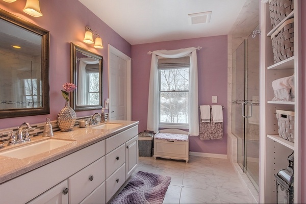 white purple bathroom decor marble walk in shower