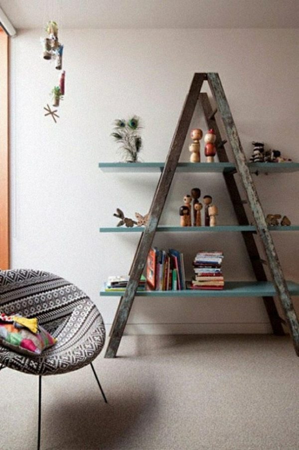 wooden wall bookshelf DIY ladder shelf living room decoration