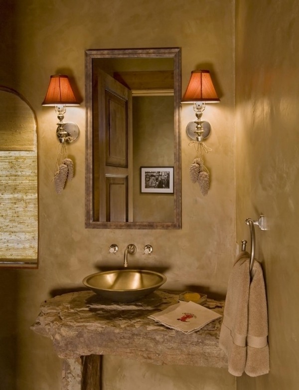 Bathroom vanity rustic style wood brass washbasin wall sconces