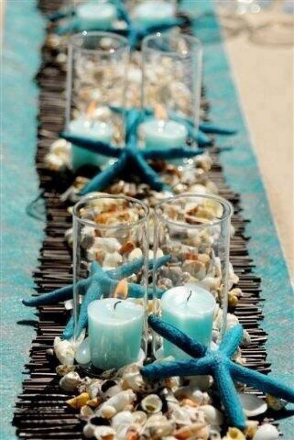 Beautiful table-runners-beach-sea-turquoise-sea-shells-starfish-candles