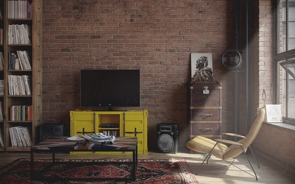 Chic loft style studio modern brick wall shelves armchair