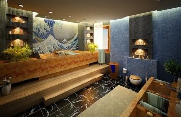 Japanese-bathroom-wooden-materials-plants-beautiful-mosaic-bathroom-lighting