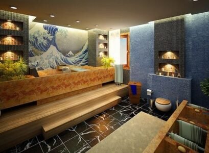 Japanese-bathroom-wooden-materials-plants-beautiful-mosaic-bathroom-lighting