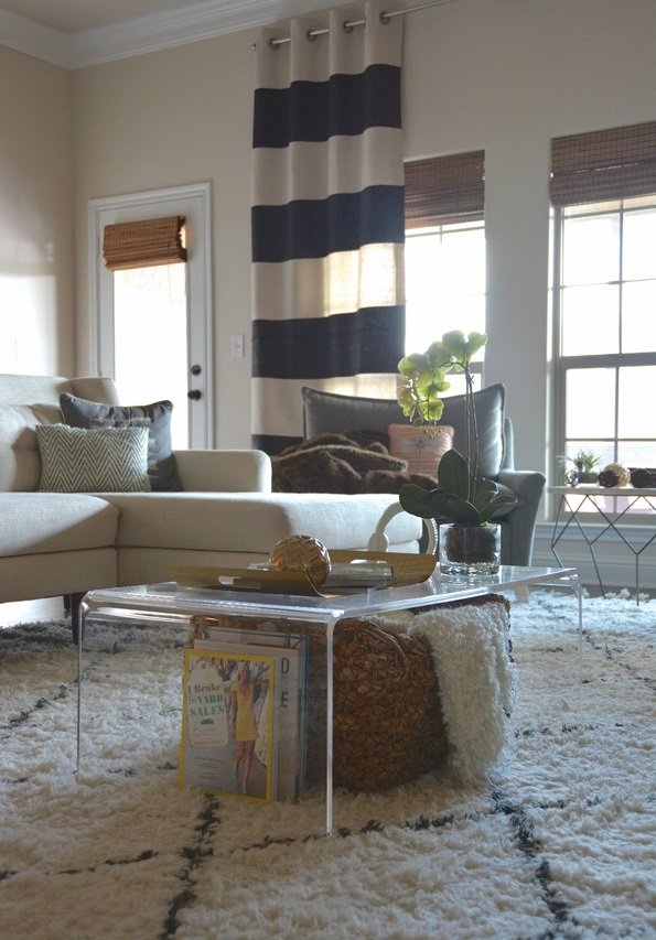 Lucite table modern design neutral colors shaggy rug