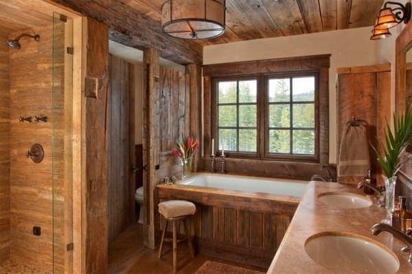 Modern bathroom rustic style interior built in bath tub wood paneling