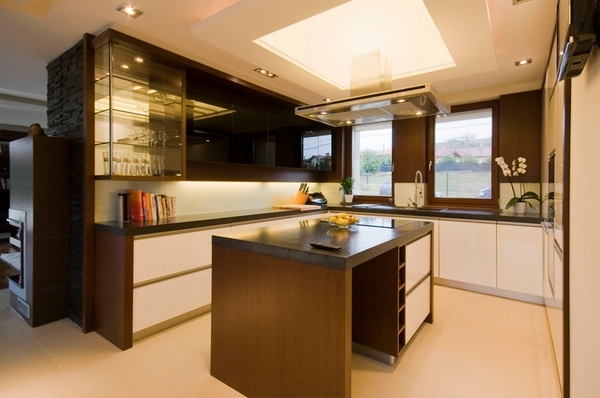 Modern kitchen design ideas beige brown color fluorescent lamps