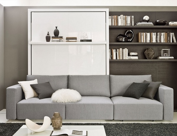 Murphy bed with sofa floating shelves contemporary apartment furniture ideas
