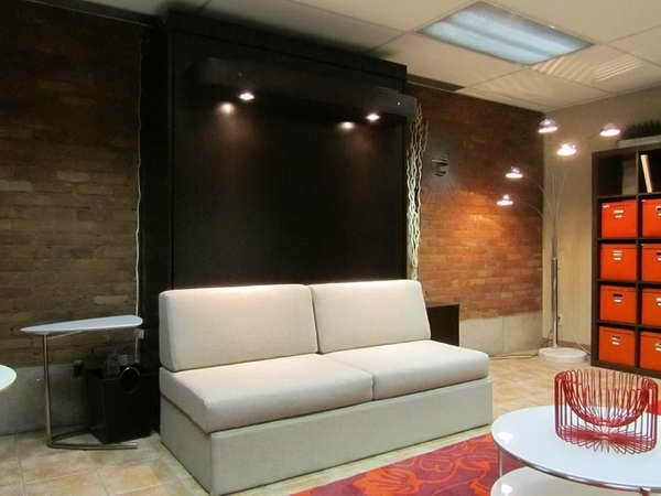 Murphy bed with sofa living room design ideas brick walls floor lamp