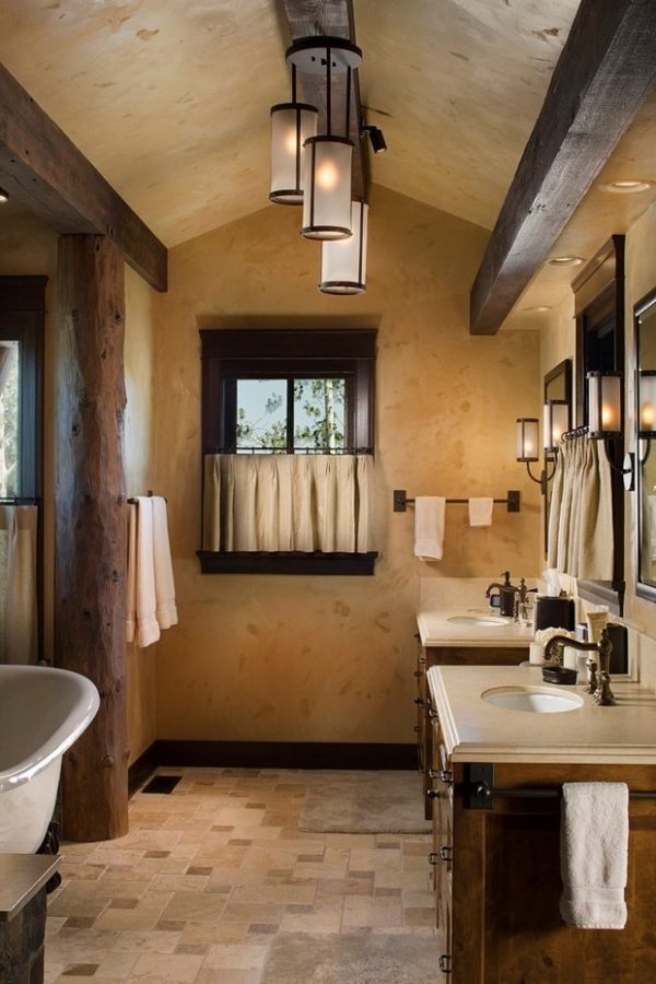 Rustic bathroom furniture ceiling beams wood vanity lighting