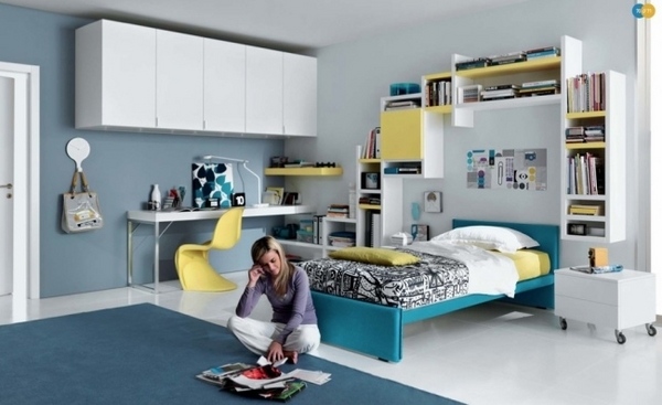 Teenage girl ideas blue wall color white furniture yellow accents