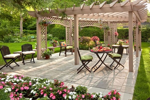 amazing backyard beautiful backyard landscaping wooden pergola lawn outdoor furniture