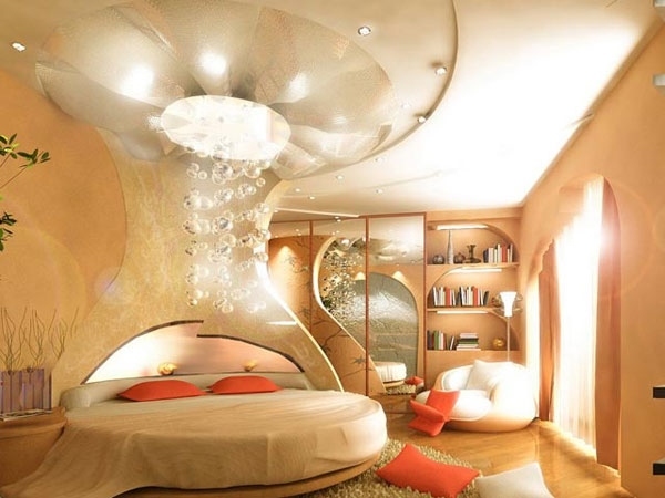 amazing round bed design interior orange yellow decorative pillows modern lighting