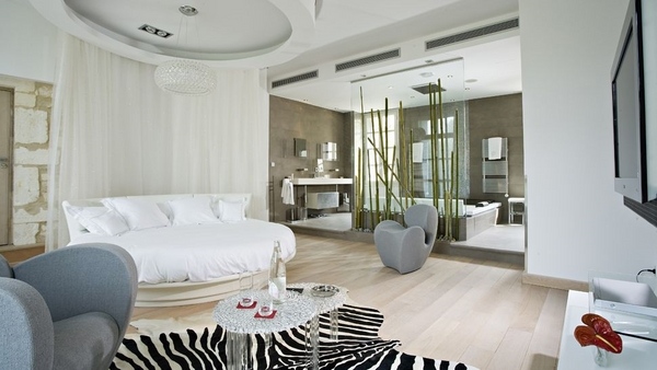 awesome round ideas elegant bedroom interior design white bed gray chairs zebra rug