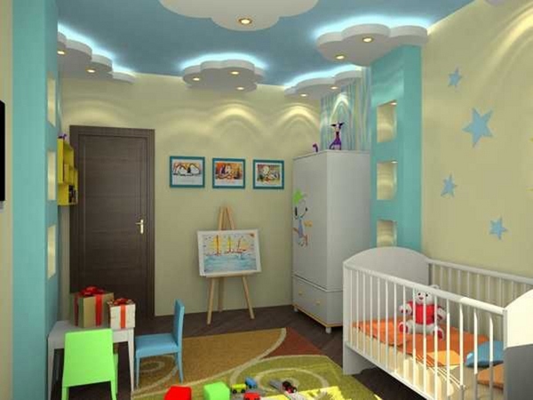 baby room decorating ideas ceiling design blue ceiling white clouds modern lighting