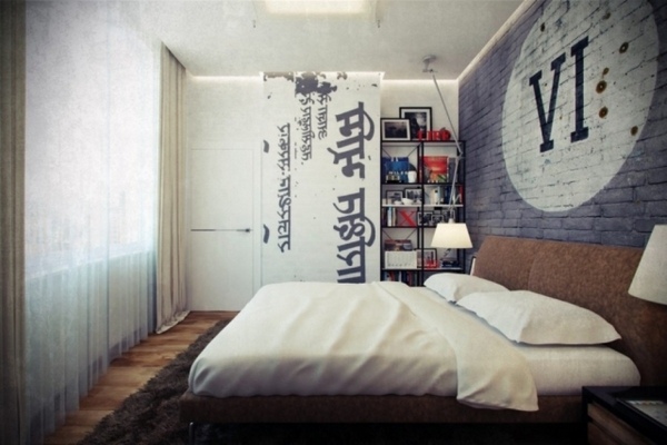 bachelor small bedroom design brick wall open shelves