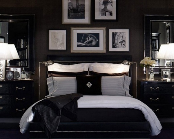 bachelor bedroom design black wall color white accents