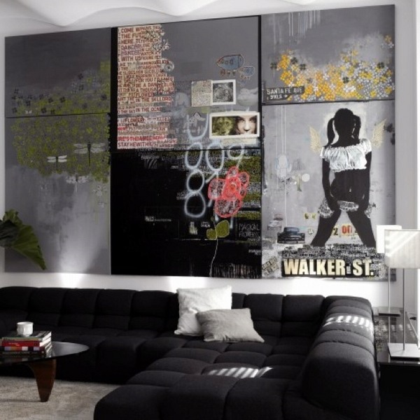 bachelor apartment ideas iving room furniture black sofa wall decoration