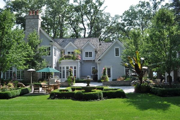 backyard patio landscaping seating area water feature fountain