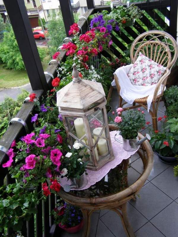 balcony design ideas decoration ideas petunias wood railing lantern