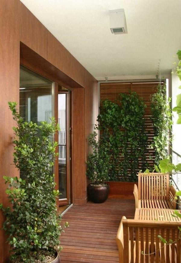 balcony design ideas wood flooring wall cladding climbing plants outdoor furniture