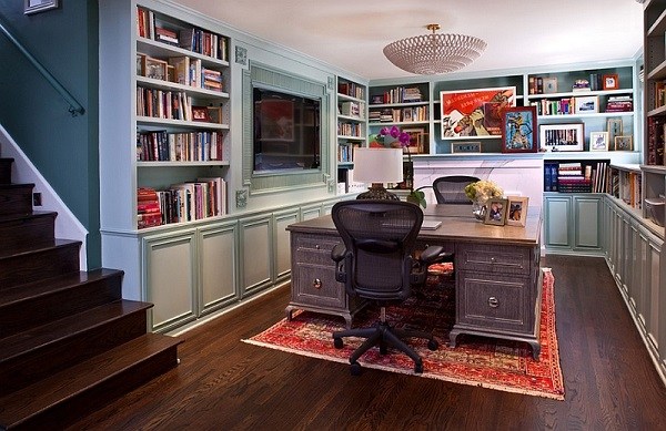home office renovation shelves desk hardwood floor
