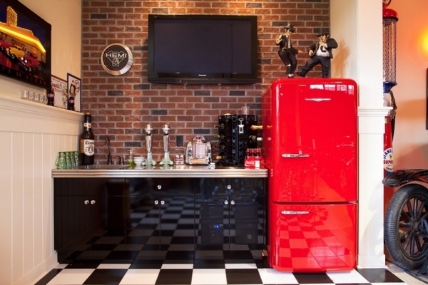 renovation kitchen black cabinets red fridge brick wall