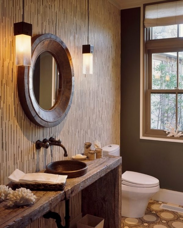 bathroom interior rustic decor solid wood countertop copper sink