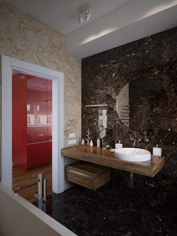 bathroom wooden vanity white washbasin glossy wall tiles 
