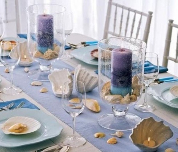 beach table decorating candles seashells white tablecloth