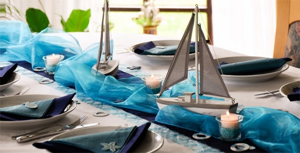beach theme party organza table runners ideas waves candles sailing boats