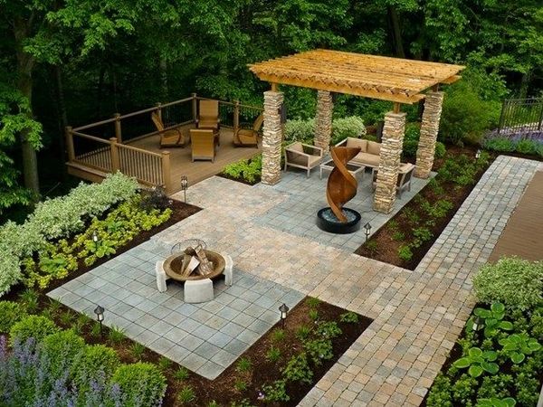 beautiful backyard ideas deck firepit pergola stone pillars